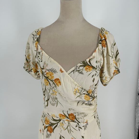 Reformation Pearl Dress Aurora Floral Cream Ivory Orange Gold Puff Sleeve Midi 8 - Picture 3 of 10